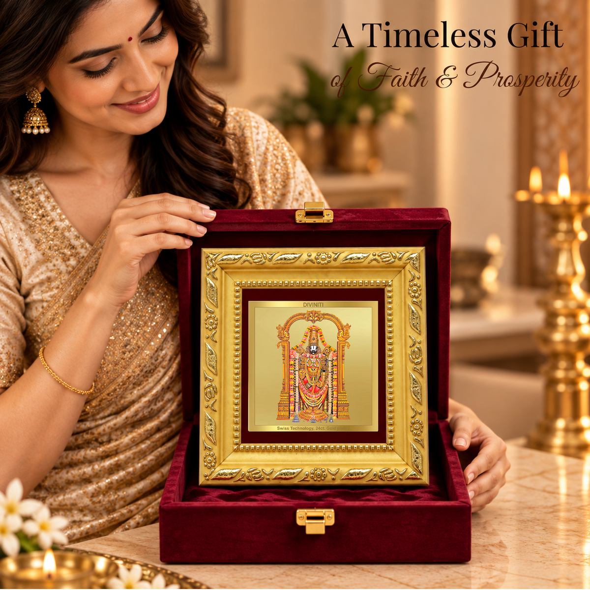 24K Gold-Plated Lord Tirupati Balaji Frame | Premium Gift Box | 10x10 CM