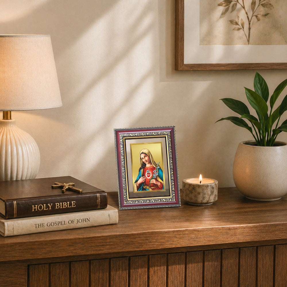 Diviniti 24K Gold Plated Mother Mary (Classic) Divine Wall and Table Top Frame for Home Mandir & Office Decor | Luxury Spiritual Gift