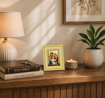 Diviniti 24K Gold Plated Holy Family Divine Table Top Frame for Home Mandir & Office Decor | Luxury Spiritual Gift