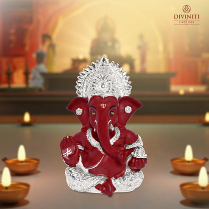 Diviniti 999 Silver Plated Resin Lord Ganesha Idol for Car Dashboard Tabletop for Home Decor Mandir Puja Gift Red (8.4x4.2cm)