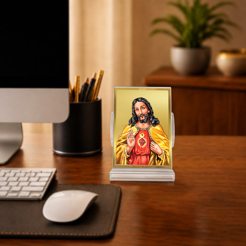 24K Gold-Plated Jesus Christ Acrylic Car Dashboard Frame | 11x7 CM