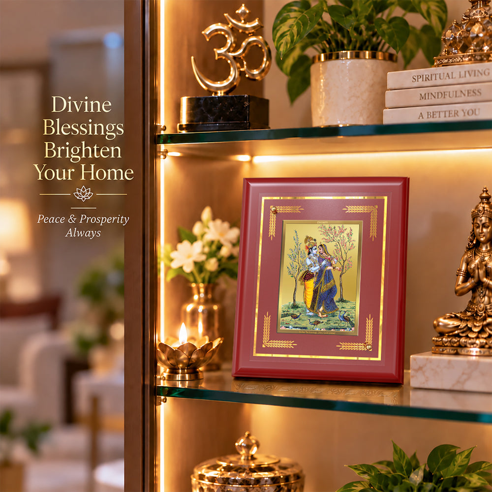 24K Gold-Plated Radha Krishna with Peacock MDF Frame | Premium Gift Box | 13.5x16 CM