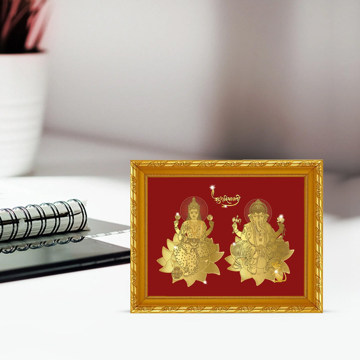 Diviniti 24K Gold Plated Laxmi Ganesha Photo Frame for Home Decor, Wall Hanging, Office Table, Gift MDF Size 2 (22.6x18.4 CM)