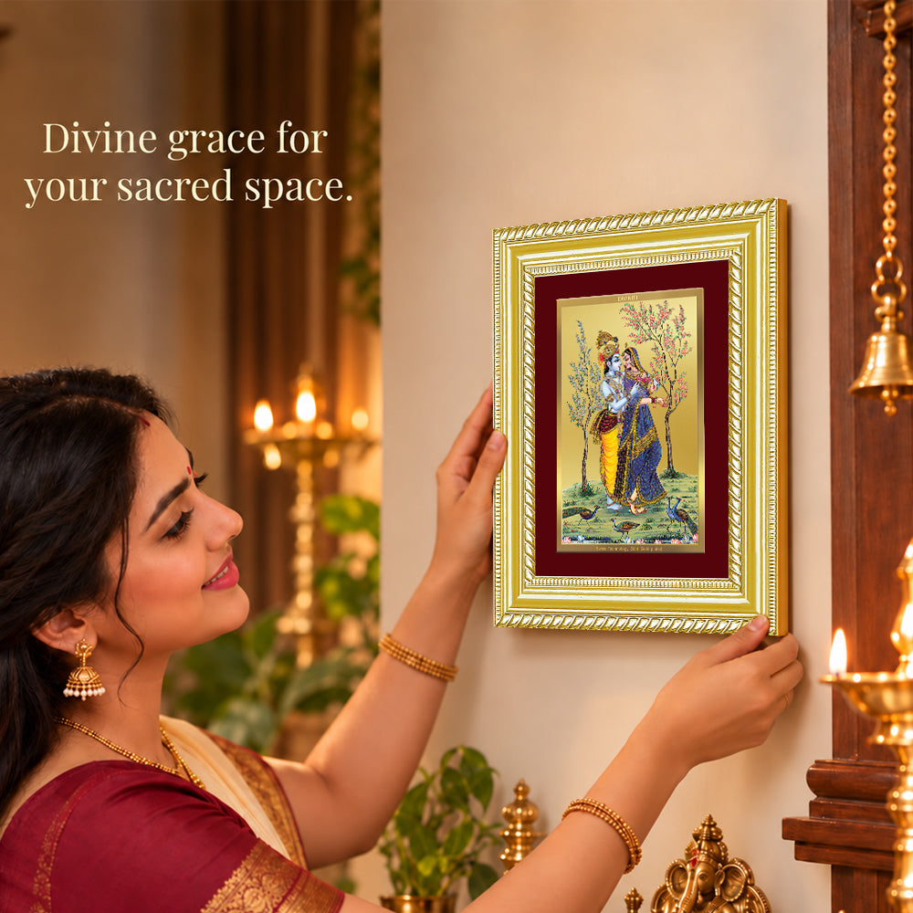 24K Gold-Plated Radha Krishna with Peacock Frame | Premium Gift Box | 21.5x17.5 CM
