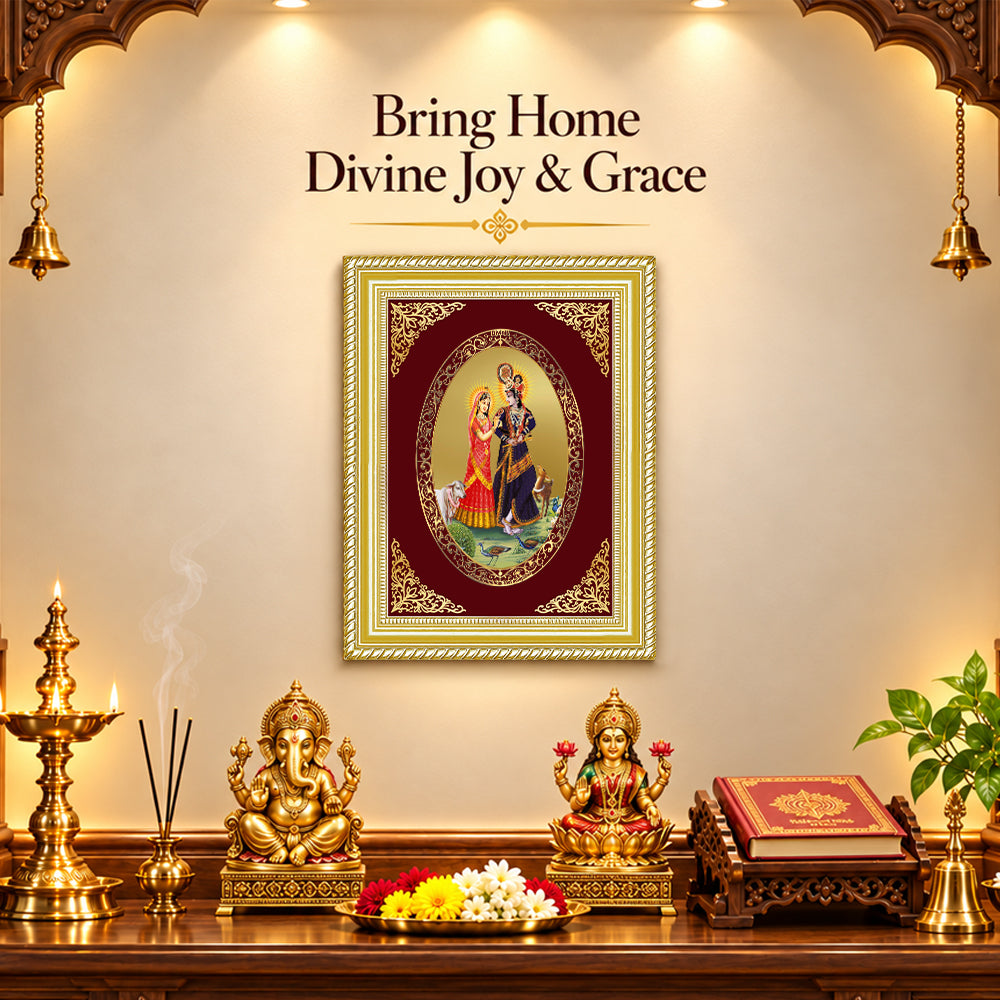 24K Gold-Plated Radha Krishna with Cow Frame | Premium Gift Box | 35x27 CM