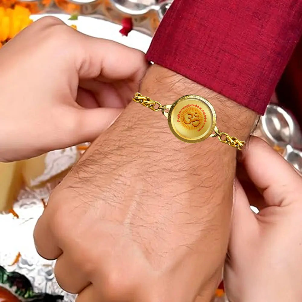 24K Gold Plated 22MM Om Bracelet with Gayatri Mantra – Spiritual Protection & Positive Energy Wristwear