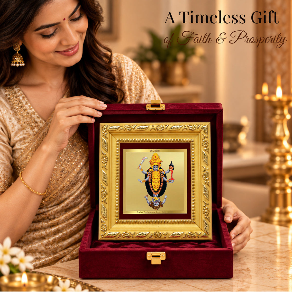 24K Gold-Plated Maa Kali Frame | Premium Gift Box | 10x10 CM