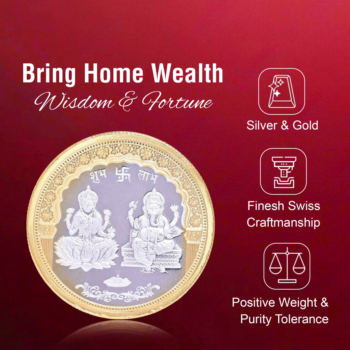 DIVINITI Pure Silver Coin with 24K Gold Plated Laxmi Ganesh and Swastik An Exquisite Emblem of Prosperity for Home & Office Décor, Puja Room Diwali Gift (100g)