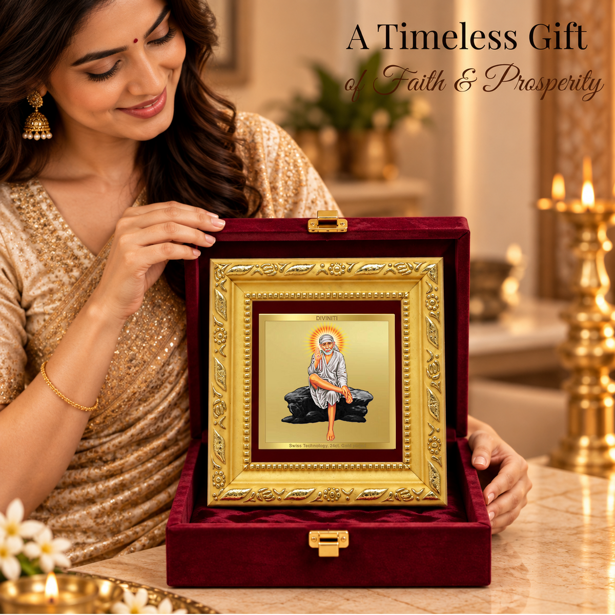 24K Gold-Plated Sai Baba Frame | Premium Gift Box | 10x10 CM