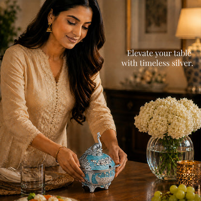 Diviniti Luxury Silver-Plated Peacock Sugar Bowl | Turquoise Lidded Serving Pot for Festive & Wedding Gifting