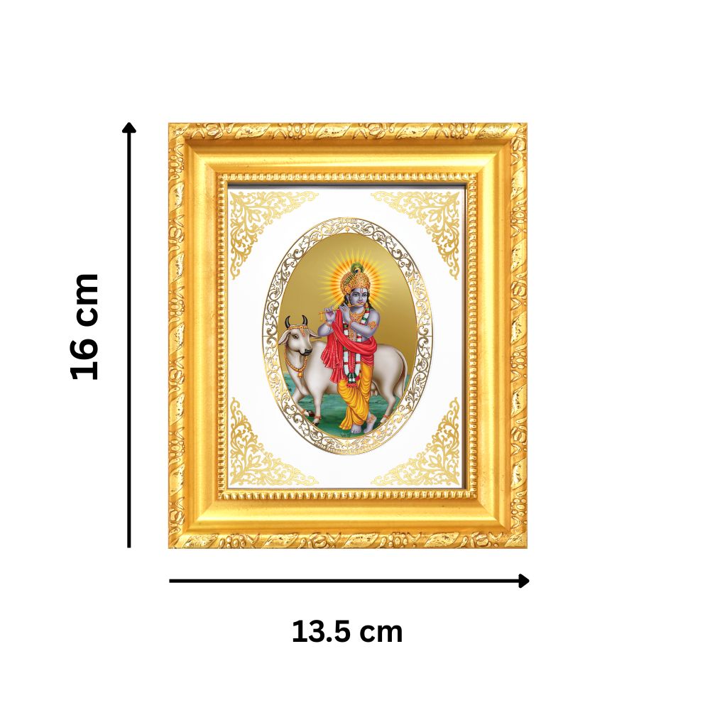 Lord Krishna with Kamdhenu (Surabhi Cow) Divine Abundance & Blessings Royal Tabletop Frame in 24K Gold Plated Foil