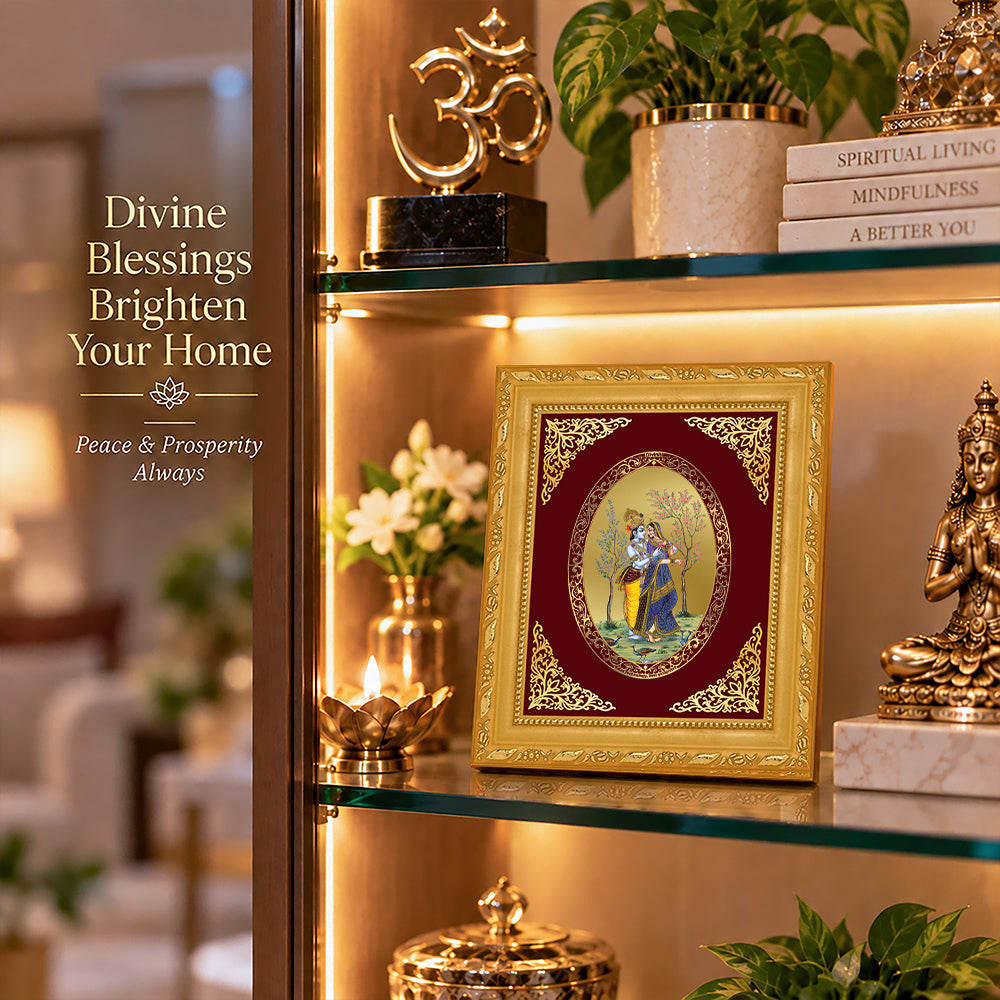 24K Gold-Plated Radha Krishna with Peacock Frame | Premium Gift Box | 16x13.5 CM