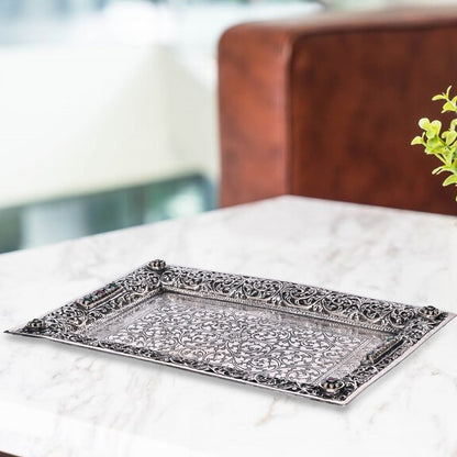 Pure Silver Serving Plate Vintage Dining Elegance, Handcrafted Tableware, Classic Silver Art (28x20 cm, 433g)