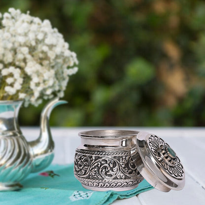 Pure Silver Serenity Box Green Eye Studded, Antique Vintage Design, Handcrafted Storage Container (8x6x7 cm, 148g)