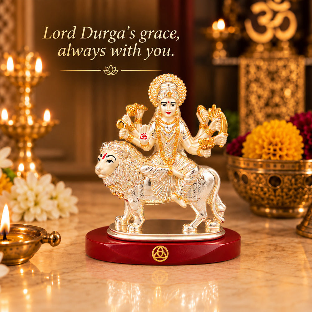 DIVINITI 999 Silver-Plated Sherawali Mata Idol | Car & Home Decor | Gift Box | 10x5 CM