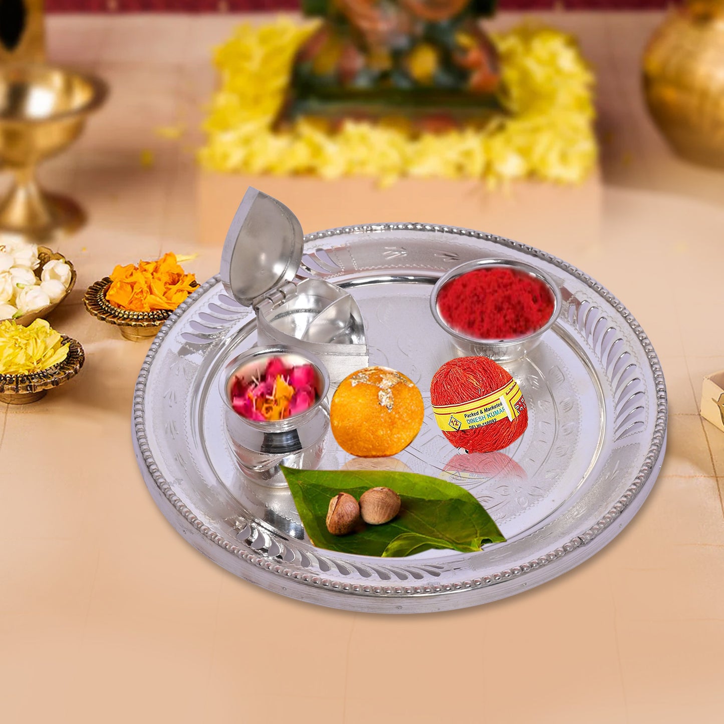 Diviniti 925 Pure Silver Puja Thali Kit Luxurious Tradition for Spiritual Ceremonies for Home & Office Décor, Puja Room Diwali Gift (279g)