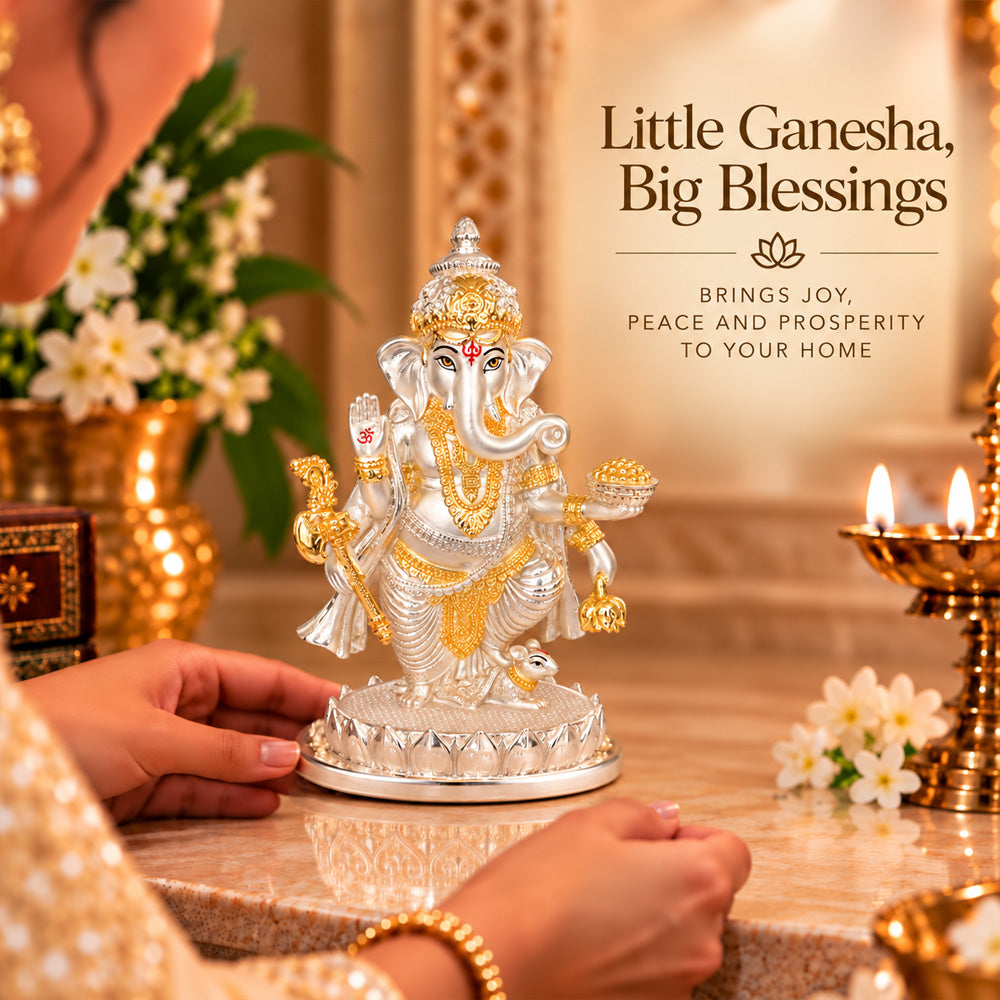 999 Silver-Plated Dual-Tone Lord Ganesha Idol | Premium Gift Box | 19.5x13 CM