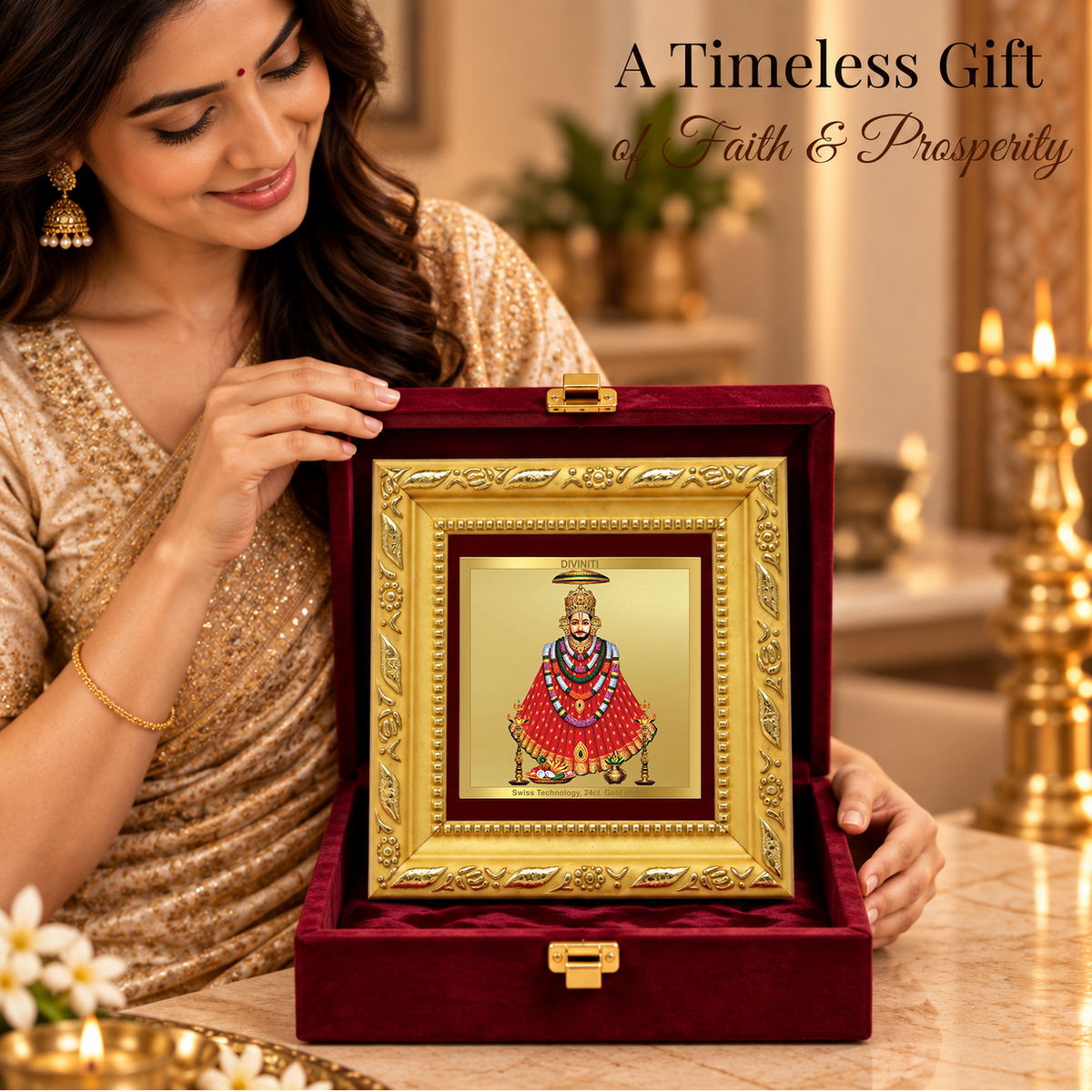 24K Gold-Plated Lord Khatu Shyam Ji Frame | Premium Gift Box | 10x10 CM