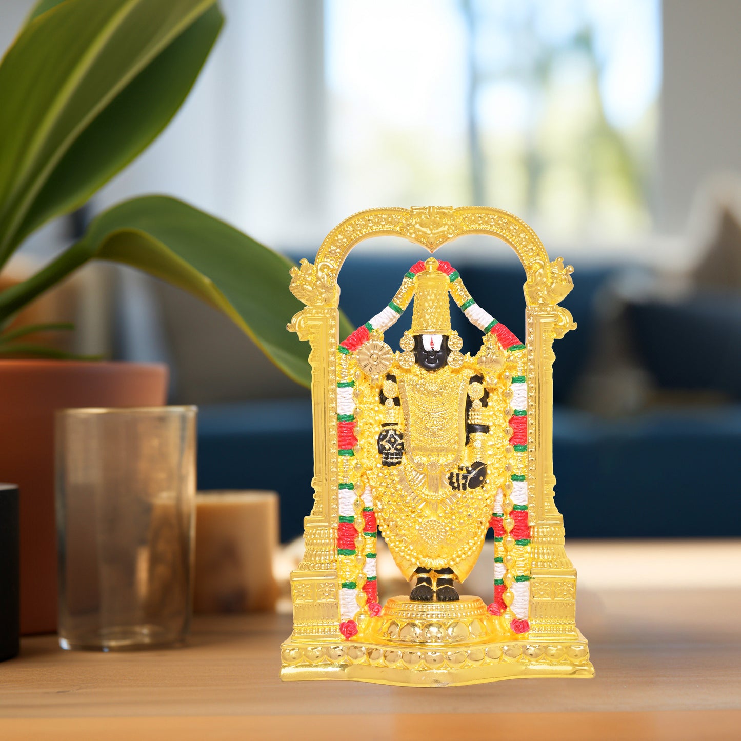 DIVINITI 24K Gold Plated Lord Tirupati Balaji Idol Statue Exquisite Divine Statue for Car Dashboard, Home Office Décor Tabletop, Pooja Room & Gift (21x14 CM)