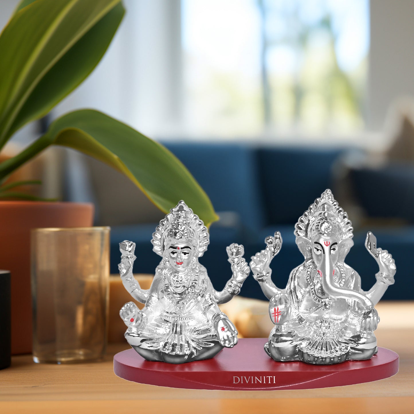 DIVINITI 999 Silver Plated Laxmi Ganesh Ji Idol Statue Radiant Symbol of Wealth and Wisdom for Home Office Décor, Puja Room, Tabletop Gift (6x5 CM)