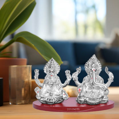 DIVINITI 999 Silver Plated Laxmi Ganesh Ji Idol Statue Radiant Symbol of Wealth and Wisdom for Home Office Décor, Puja Room, Tabletop Gift (6x5 CM)
