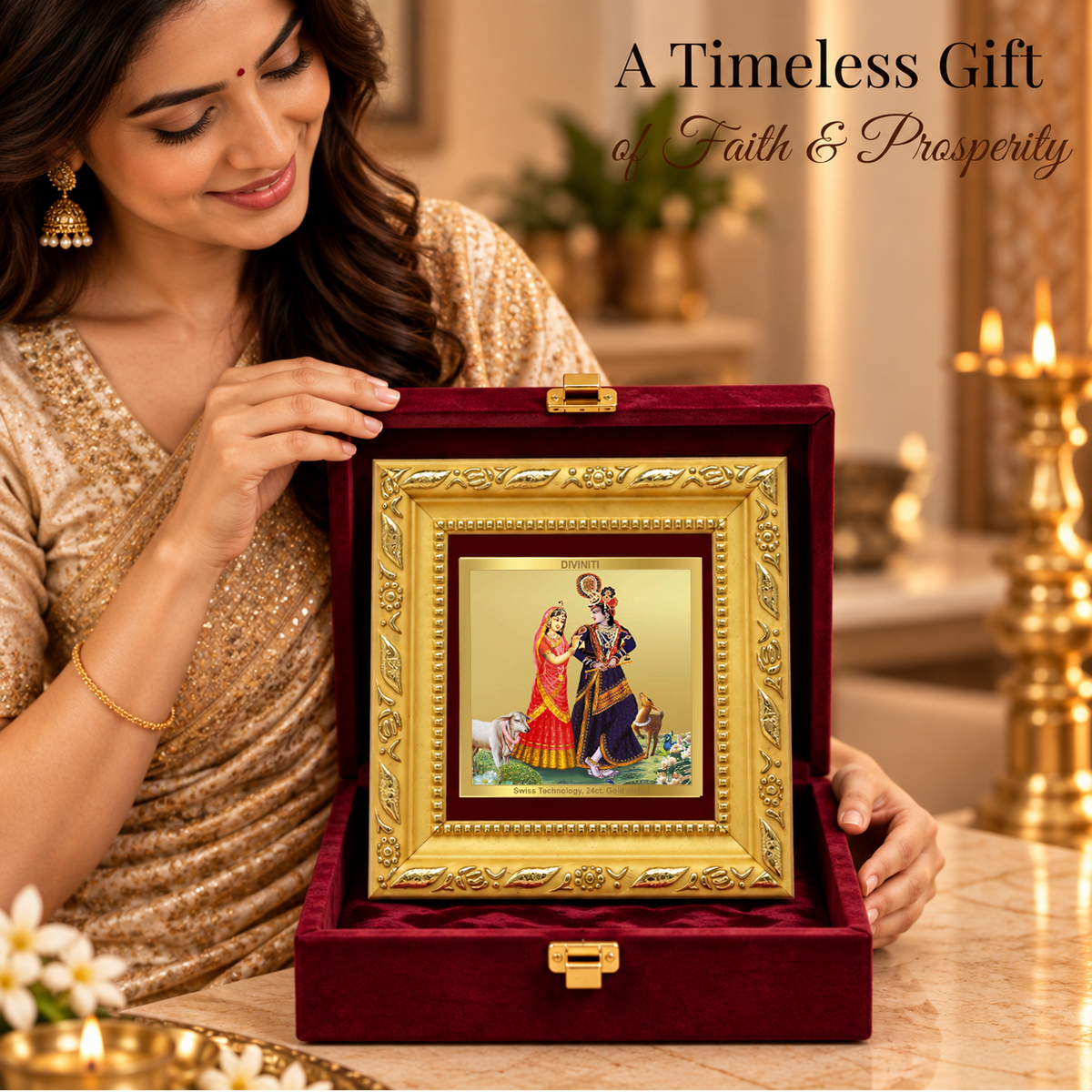 24K Gold-Plated Radha Krishna with Cow Frame | Premium Gift Box | 10x10 CM