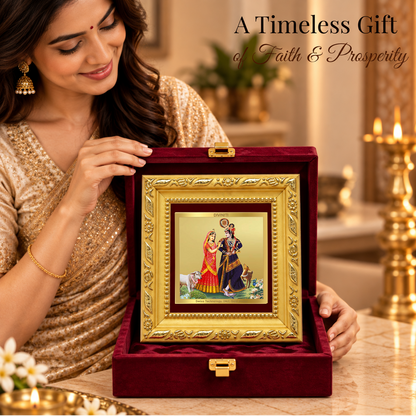 24K Gold-Plated Radha Krishna with Cow Frame | Premium Gift Box | 10x10 CM