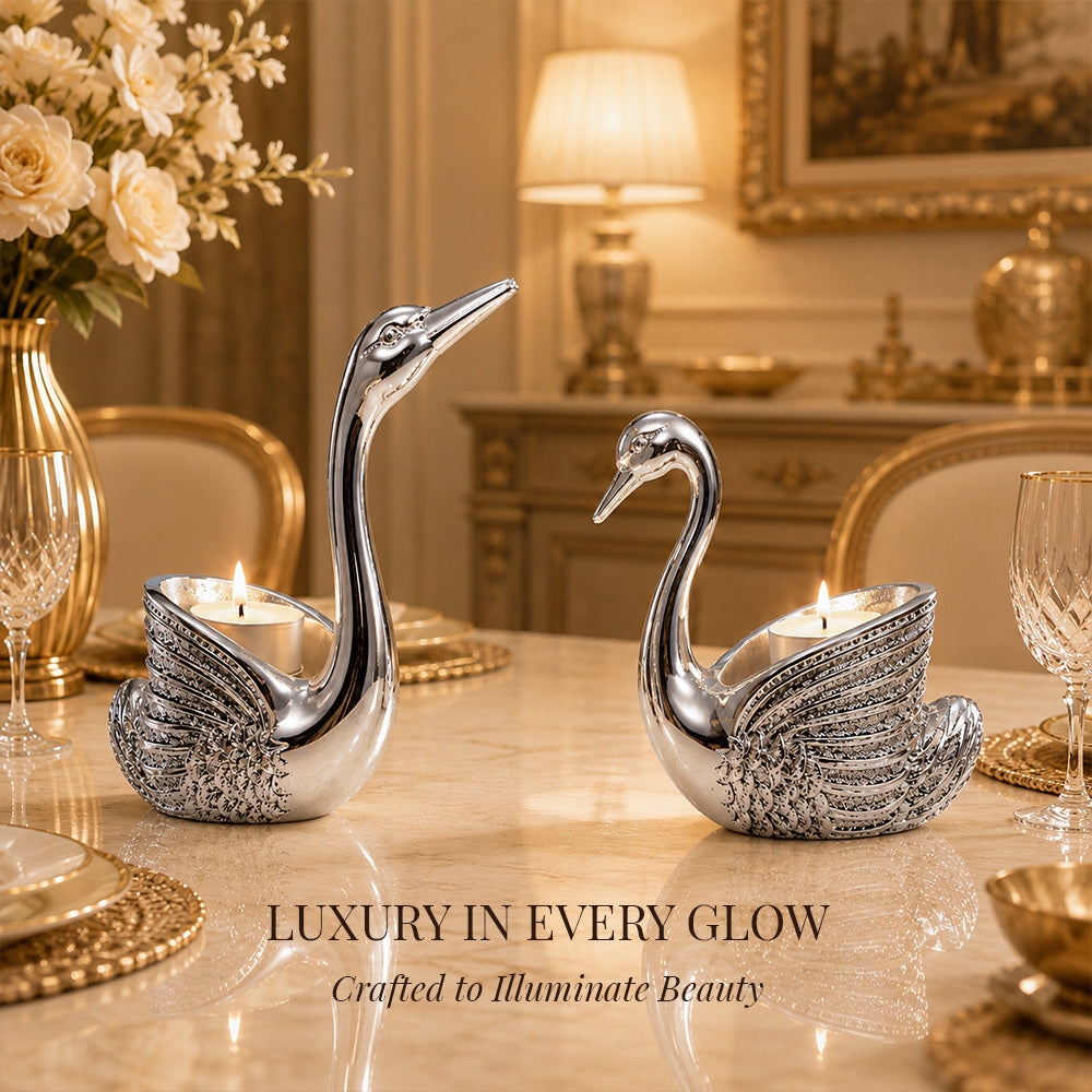 Diviniti 999 Silver Plated Swan Pair Diya Set with Luxury Gift Box | Antique Finish Home Décor