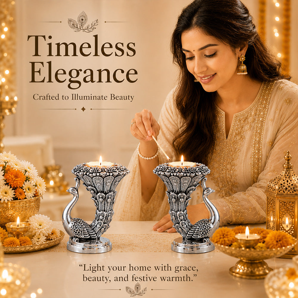 999 Silver-Plated Antique Peacock Candle Holder Pair | Premium Gift Box | 10x8 CM