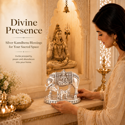 999 Silver-Plated Kamdhenu Cow Idol | Premium Gift Box | 16x22 CM