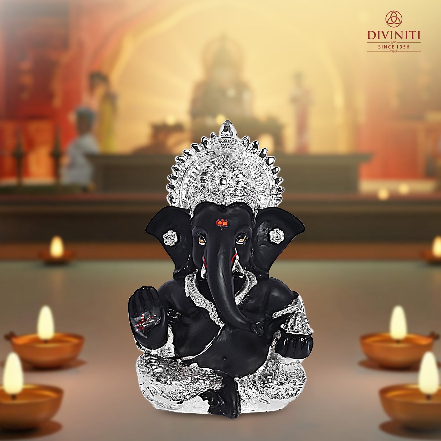 Diviniti 999 Silver Plated Resin Lord Ganesha Idol for Car Dashboard Tabletop for Home Decor Mandir Puja Gift Black (8.4x4.2cm)