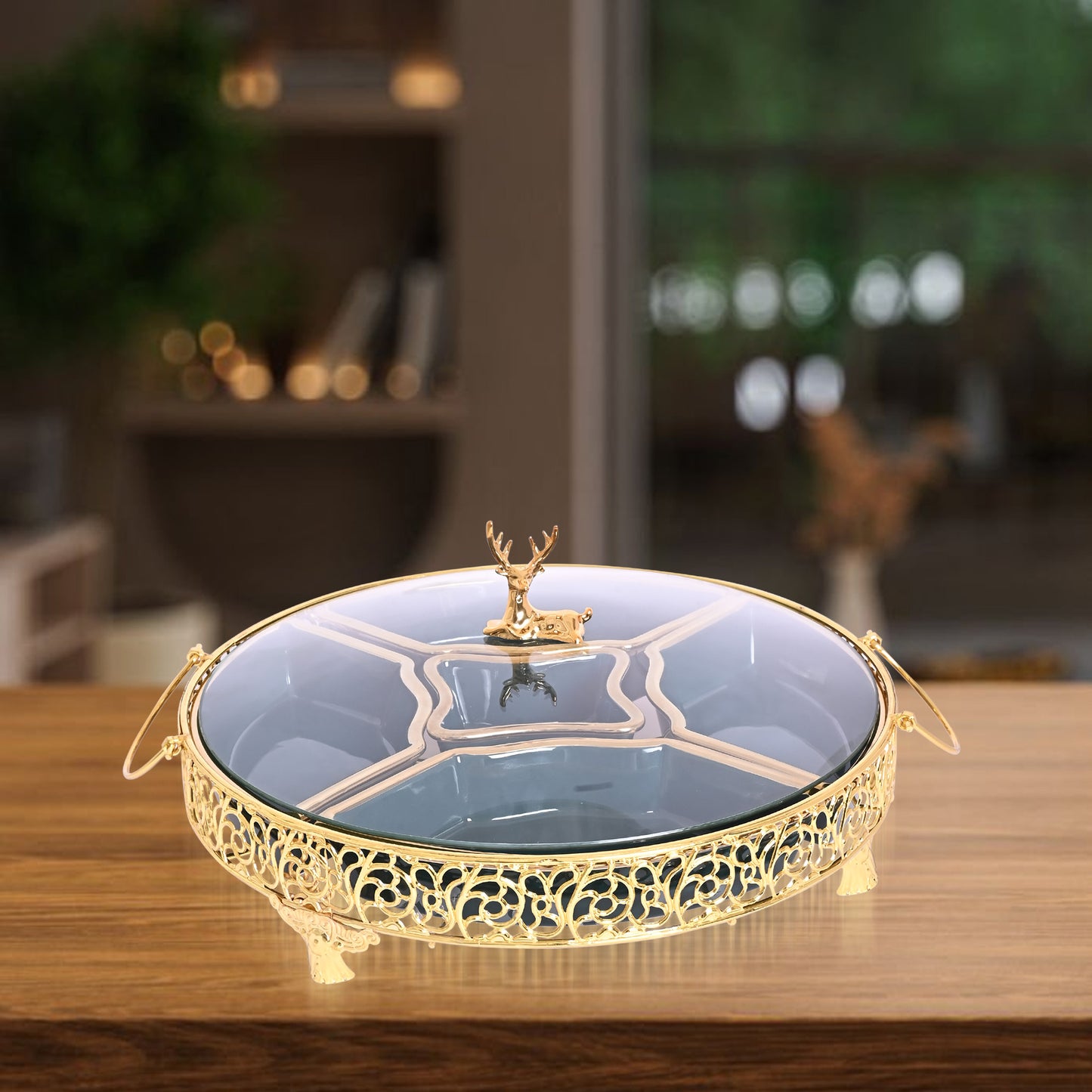 Diviniti 24K Gold Plated Dry Fruits Bowls Plates Ceramic Serving Tray for Stylish Storage Box, Home Decor Showpieces, Luxurious Gift