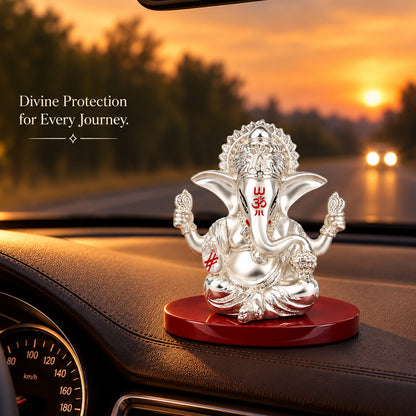 DIVINITI 999 Silver-Plated 4-Hand Ganesha Idol | Car & Home Décor | Gift Box | 8x8 CM