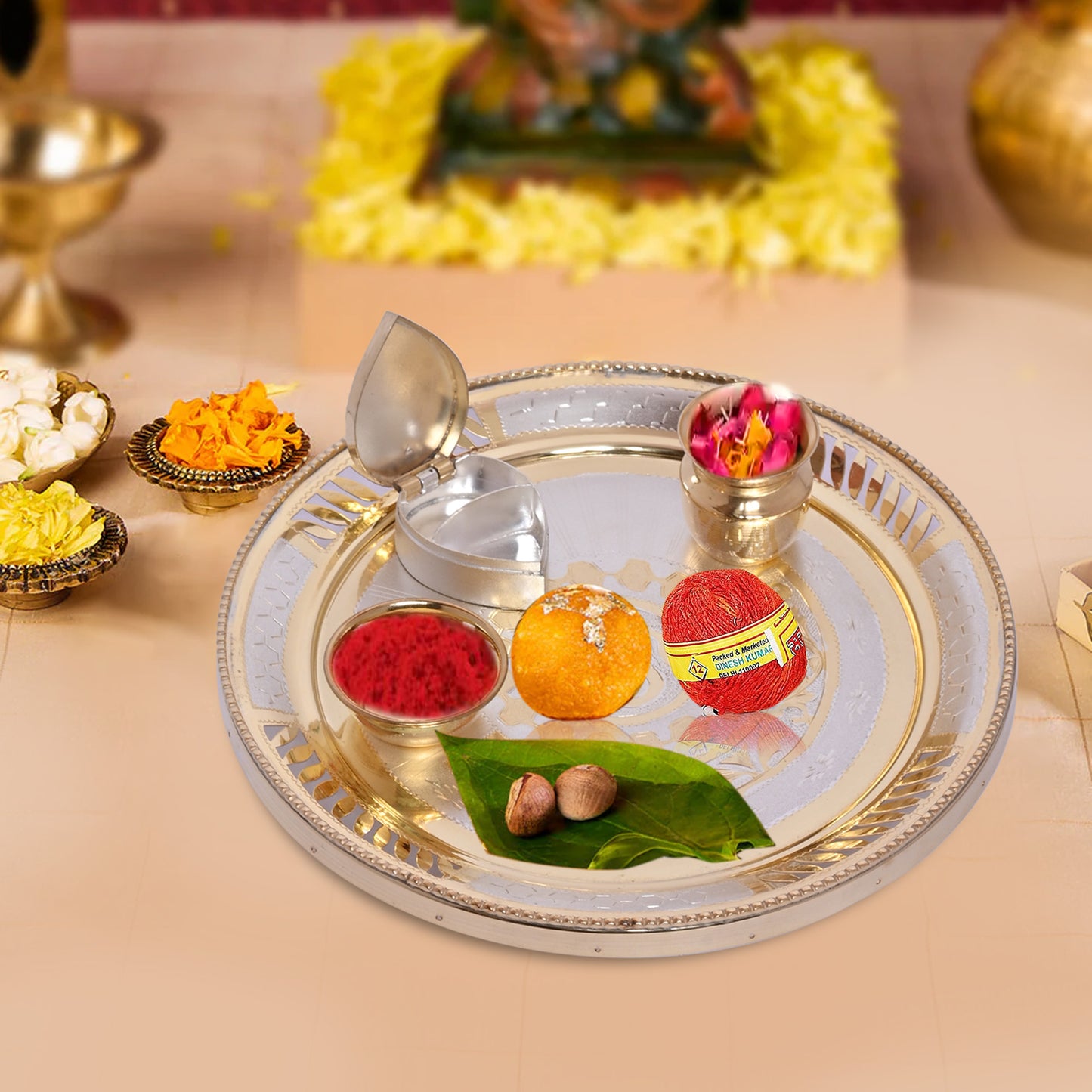 Diviniti 24K Gold Plated Puja Thali Kit Luxurious Tradition for Spiritual Ceremonies for Home & Office Décor, Puja Room Diwali Gift (324g)