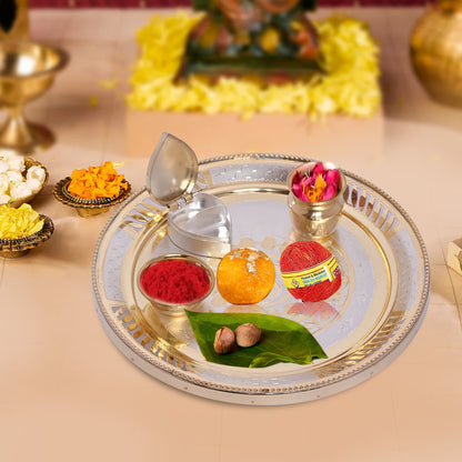 Diviniti 24K Gold Plated Puja Thali Kit Luxurious Tradition for Spiritual Ceremonies for Home & Office Décor, Puja Room Diwali Gift (324g)