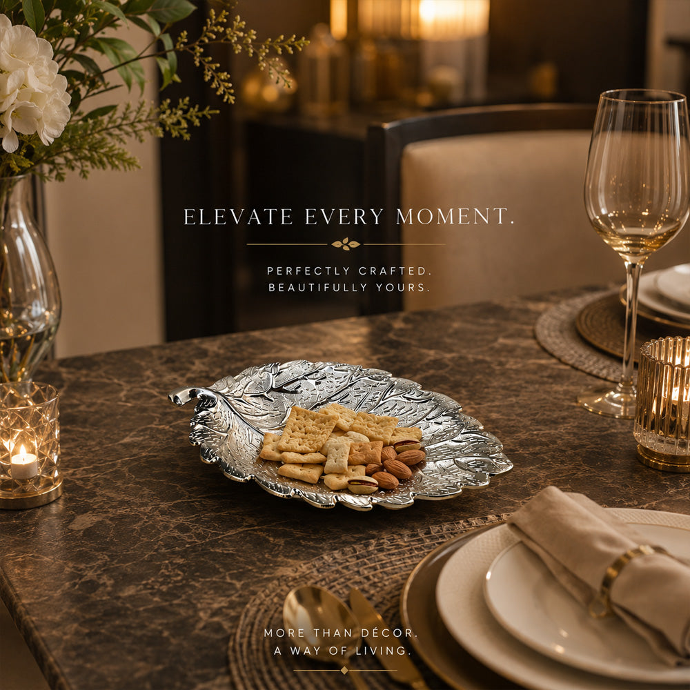 Diviniti Silver-Plated Leaf Decorative Platter | Luxury Long Leaf Serving Tray for Home & Table Décor