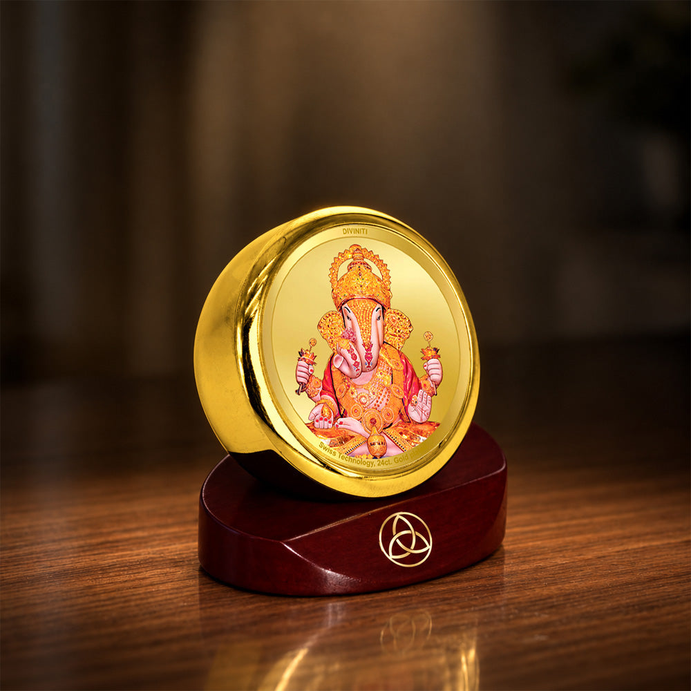 24K Gold-Plated Dagdu Ganesh Car Dashboard Frame | 5x5 CM