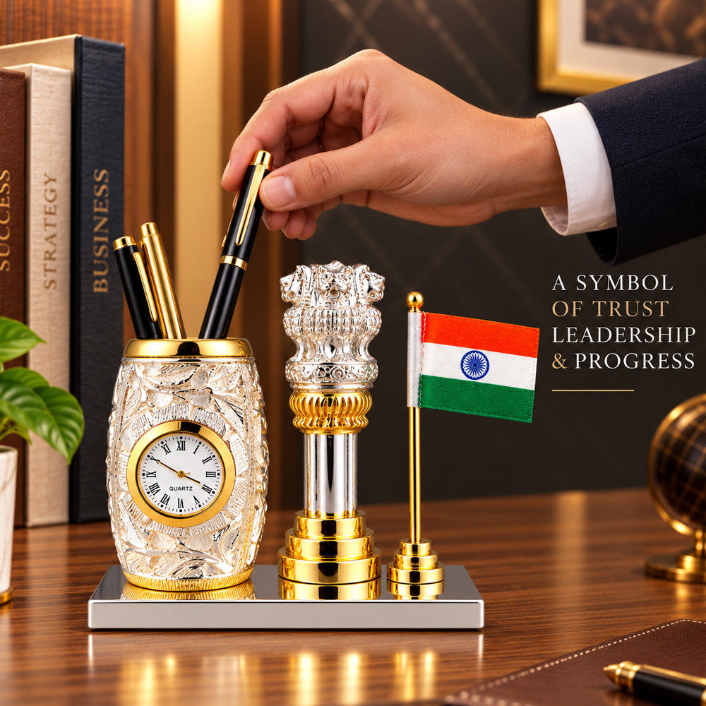 999 Silver-Plated Dual-Tone Ashoka Stambh Pen Stand | Premium Gift Box | 12x15 CM