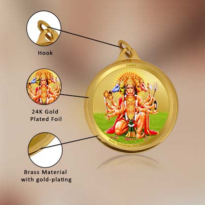 Diviniti 24K Gold Plated Foil Lord Panchmukhi Hanuman & Yantra 22MM Double Sided Pendant For Men, Women & Kids