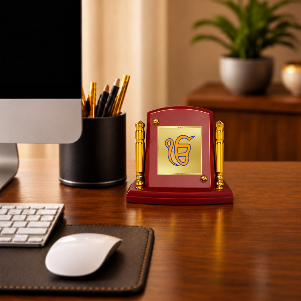 24K Gold-Plated Ik Onkar MDF Car Dashboard Frame | 7.5x9 CM