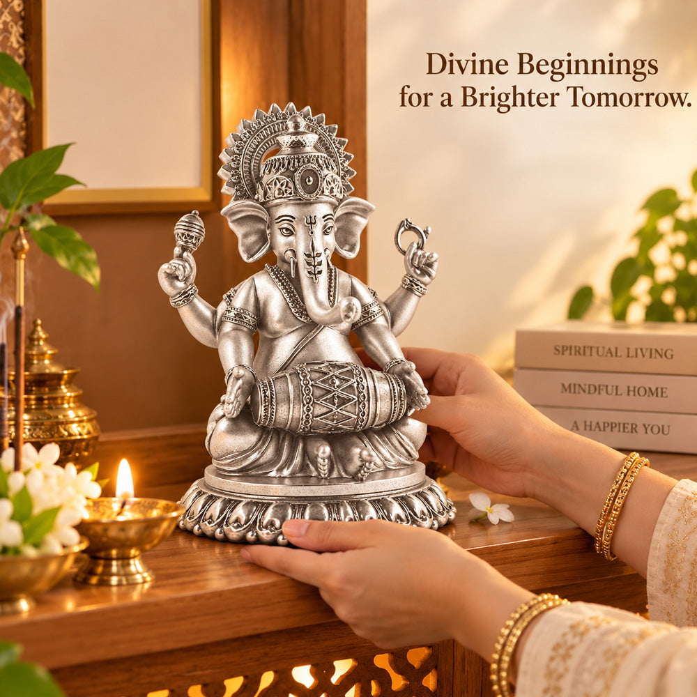 999 Silver-Plated Antique Dholak Ganesha Idol | Premium Gift Box | 15x12 CM
