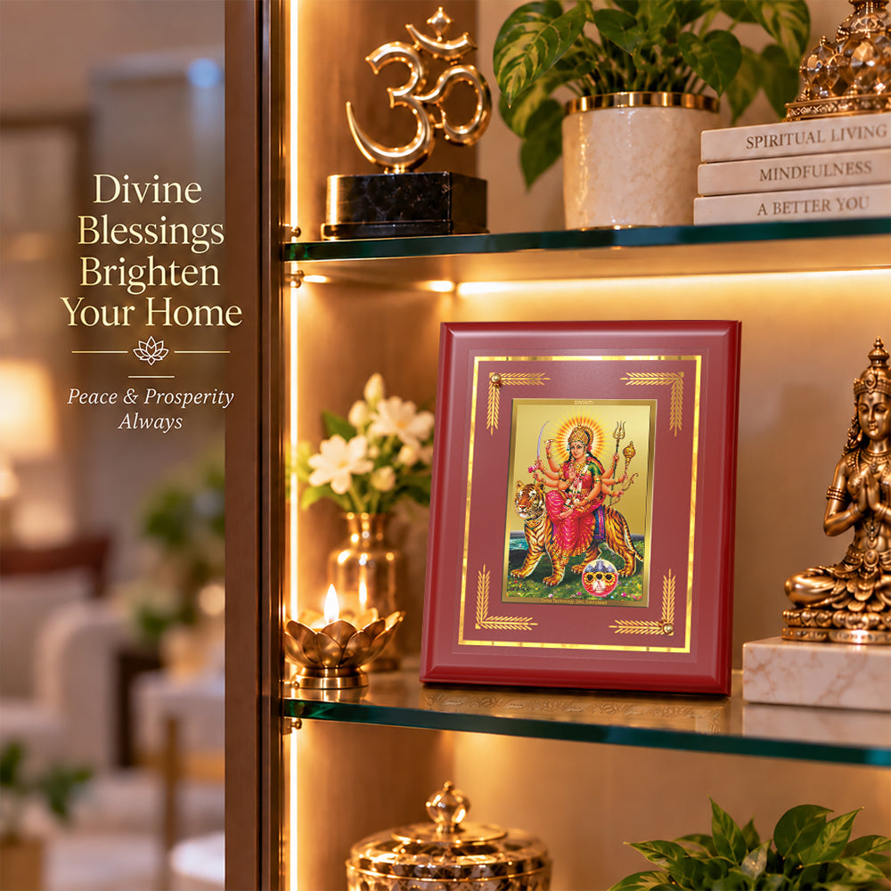 24K Gold-Plated Sherawali Mata with Pindi MDF Frame | Gift Box | 13.5x16 CM