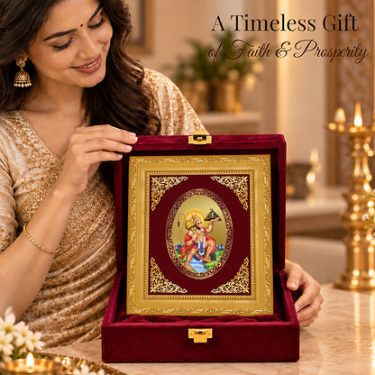 24K Gold-Plated Lord Hanuman with Sanjeevani Mountain Frame | Premium Gift Box | 16x13.5 CM