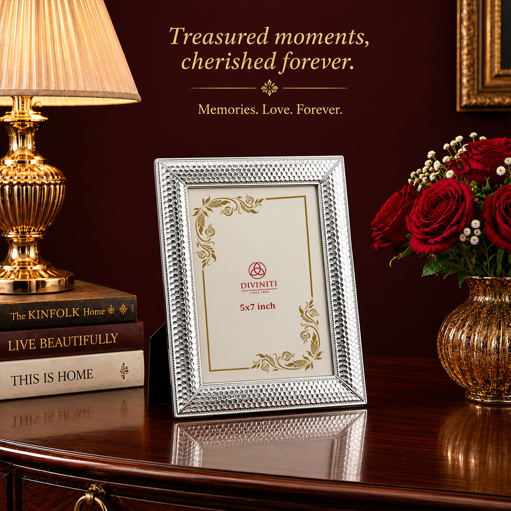 Diviniti Silver-Plated Decorative Photo Frame | Premium Textured Tabletop Frame | 13 x 18 cm