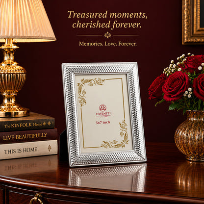 Diviniti Silver-Plated Decorative Photo Frame | Premium Textured Tabletop Frame | 13 x 18 cm