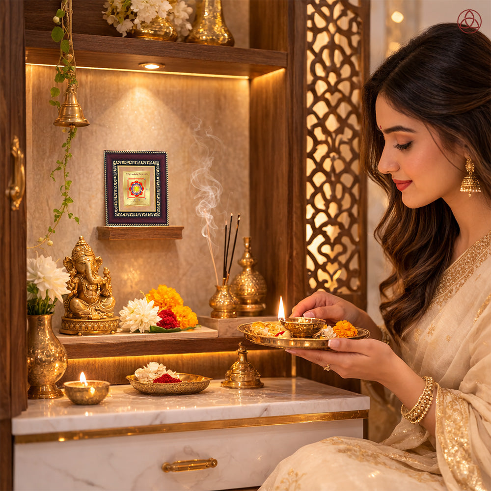 Woman performing a prayer ritual with Swarn Akarshan Yantra in a sacred home altar setting, featuring gold decor and traditional offerings.