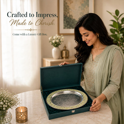 Diviniti Silver-Plated Oval Decorative Tray with Green Enamel Accents | Luxury Serving Platter for Dry Fruits, Sweets & Premium Gifting