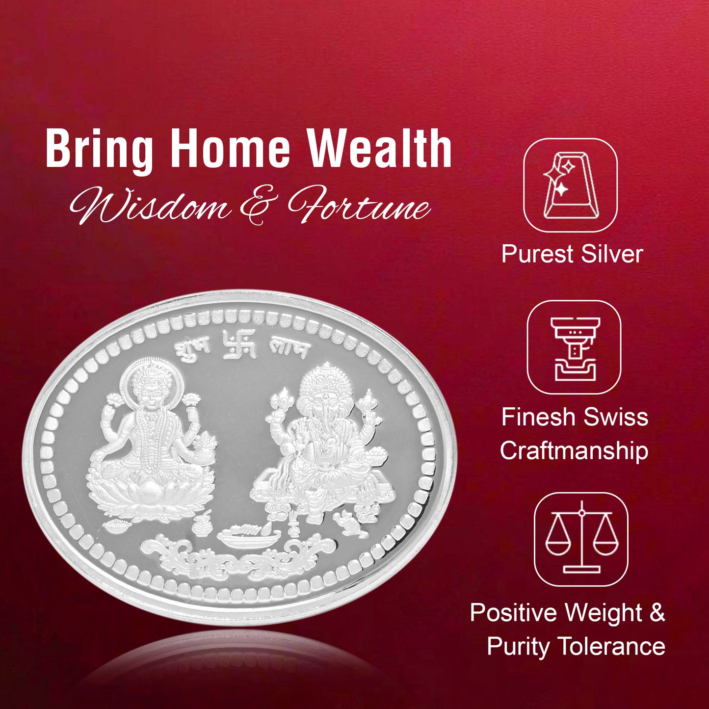 DIVINITI Pure Silver Coin Laxmi Ganesh & Swastik Symbol of Wealth and Blessings for Home & Office Décor, Puja Room Diwali Gift (50g)