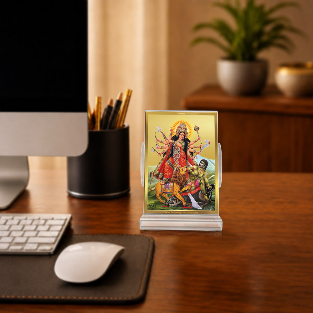 24K Gold-Plated Durga Mahishasura Mardini Acrylic Car Dashboard Frame | 11x7 CM