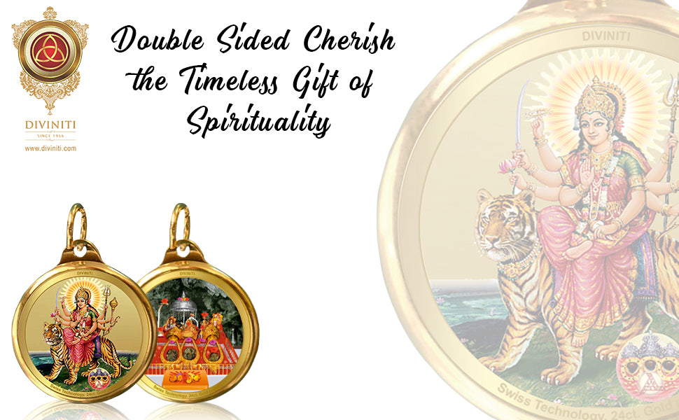 Diviniti 24K Gold Plated Goddess Durga & Mata Ka Darbar 28MM Double Sided Pendant For Men, Women & Kids
